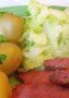 Cooked cabbage with potatoes and corned beef