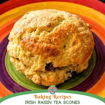 Close-up of a golden Irish raisin tea scone on a colorful plate, showing a crumbly texture with visible raisins, styled as a cozy baking recipe image with text banner in green, white and orange.