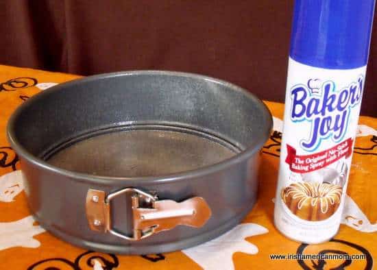 Greased cake pan with Baker's Joy | Irish American Mom Greased cake pan with Baker's Joy