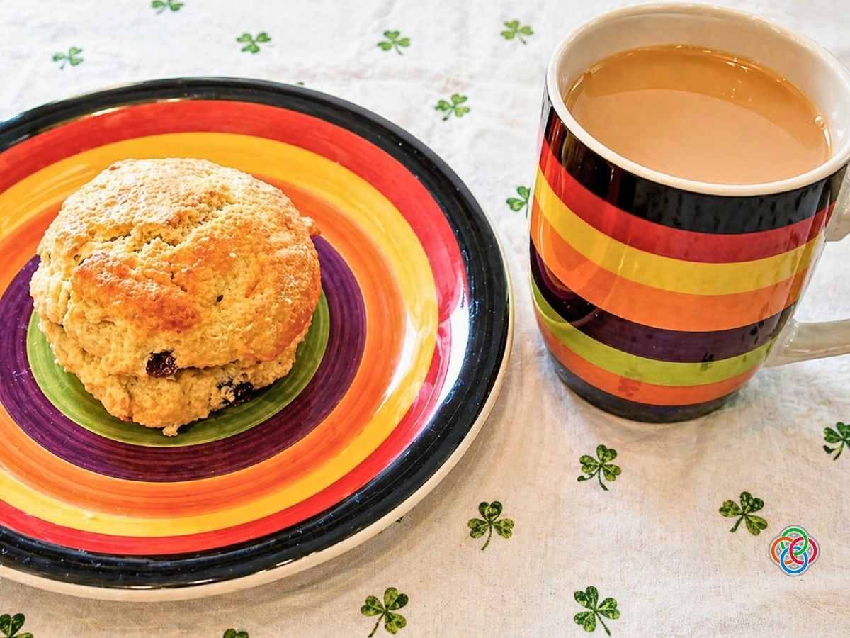 Golden Irish raisin tea scone on a colorful plate beside a striped mug of tea, set on a white tablecloth with green shamrock pattern.