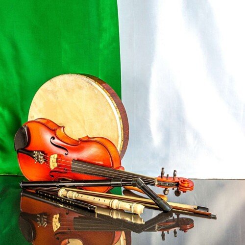 A bodhran, fiddle, tin whistles and recorder