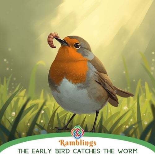 Illustration of a robin standing in grass holding a worm in its beak, with soft sunlight in the background and a motivational quote about the early bird.