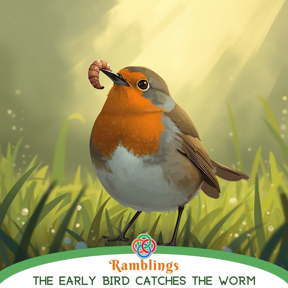 Illustration of a robin standing in grass holding a worm in its beak, with soft sunlight in the background and a motivational quote about the early bird.