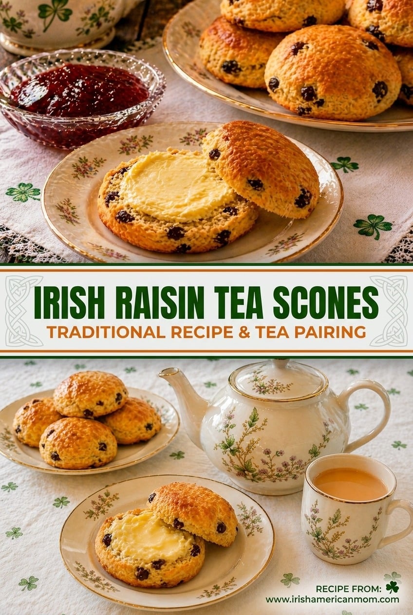 Two-panel Celtic-styled collage: lower panel shows golden baked Irish raisin tea scones on a linen cloth; upper panel shows a scone split open with butter and jam, and text banner in warm tones of cream, green, and burnt orange.