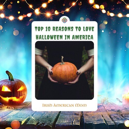 Halloween scene with a woman holding a pumpkin and text overlay