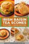Collage of Irish raisin tea scones on colorful plates and served with tea and teapot, featuring golden baked scones and a buttered scone, with text overlay describing them as traditional, golden, and delicious.