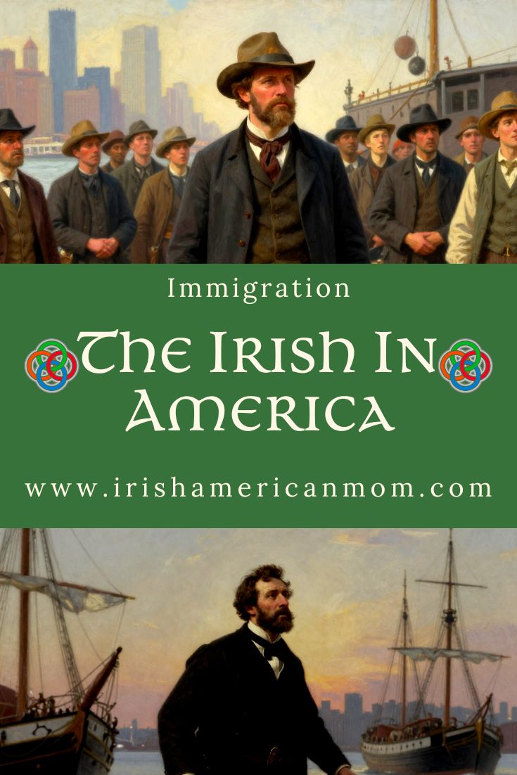 Vintage-style illustration of 19th-century Irish immigrants arriving at an American port, with ships in the harbor and a city skyline in the background, titled “The Irish in America – Immigration” from irishamericanmom.com.