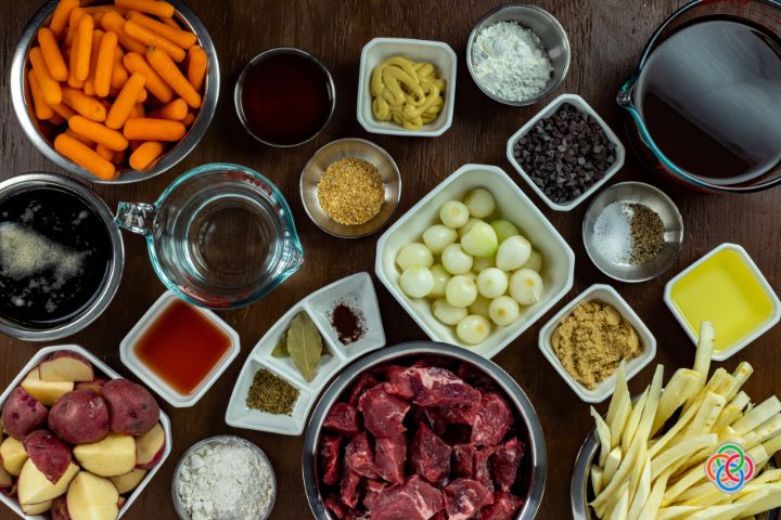 Ingredients for Irish Guinness beef stew | Irish American Mom Bowls of ingredients for beef stew