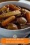 Close-up of a bowl of Irish beef and Guinness stew with tender beef chunks, carrots, potatoes, and root vegetables in a rich dark gravy, with Irish-themed text at the bottom of the image.