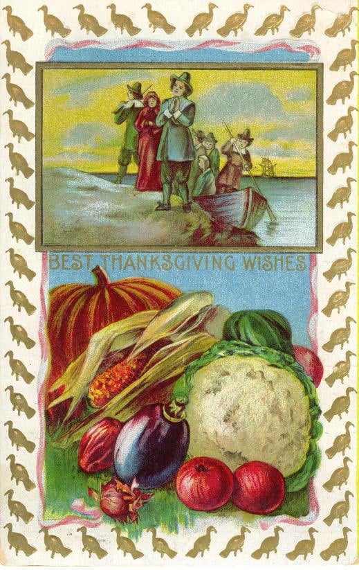 Pilgrims on Thanksgiving Vintage image of the pilgrims arriving off the Mayflower and fall foods
