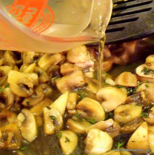 Adding wine to sauteed mushrooms | Irish American Mom Adding wine to sauteed mushrooms