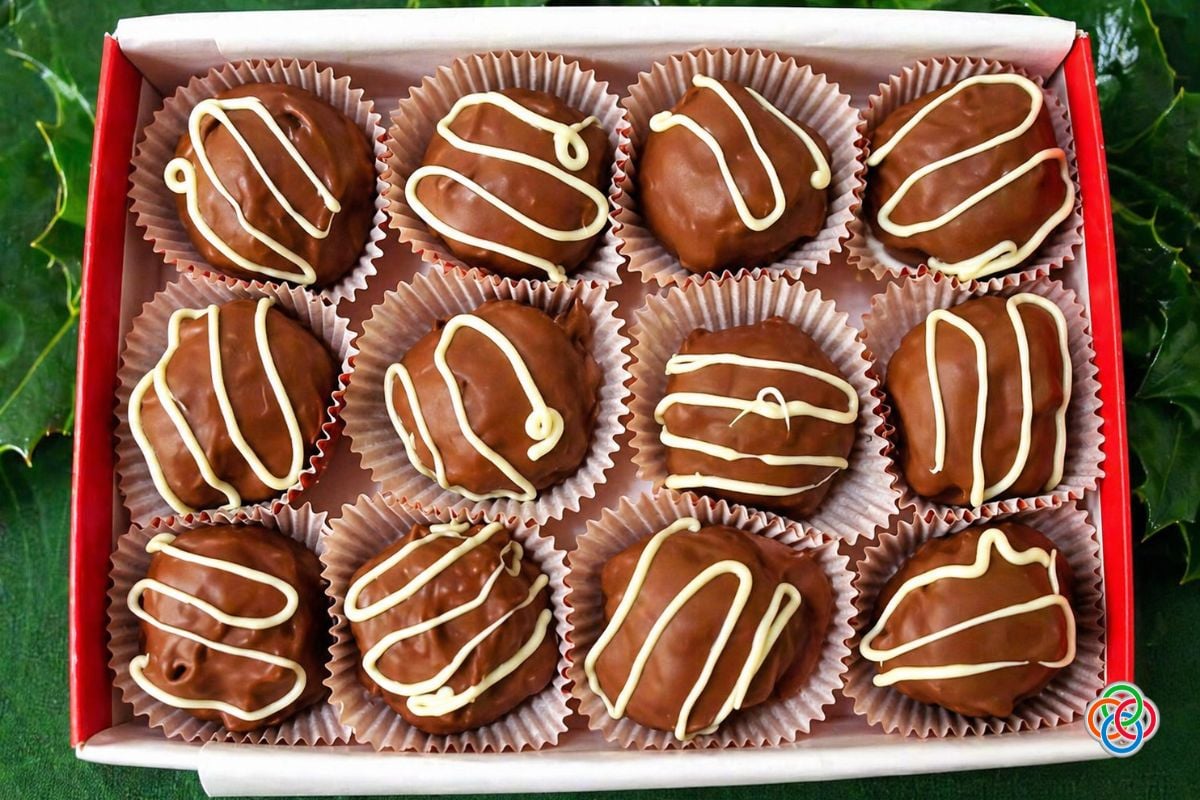 A box of homemade Baileys chocolate truffles decorated with white chocolate drizzle, arranged in paper cups and ready for gifting or serving.
