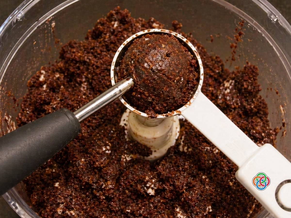 Scooping chocolate truffle mixture with a melon baller in a food processor, shaping dough into balls for no bake Baileys chocolate truffles.