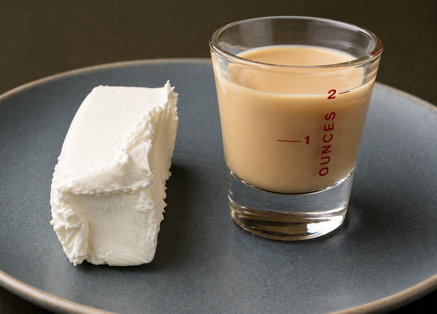 Cream cheese and Baileys Irish Cream measured in a glass, displayed on a neutral plate as ingredients for homemade chocolate truffles.