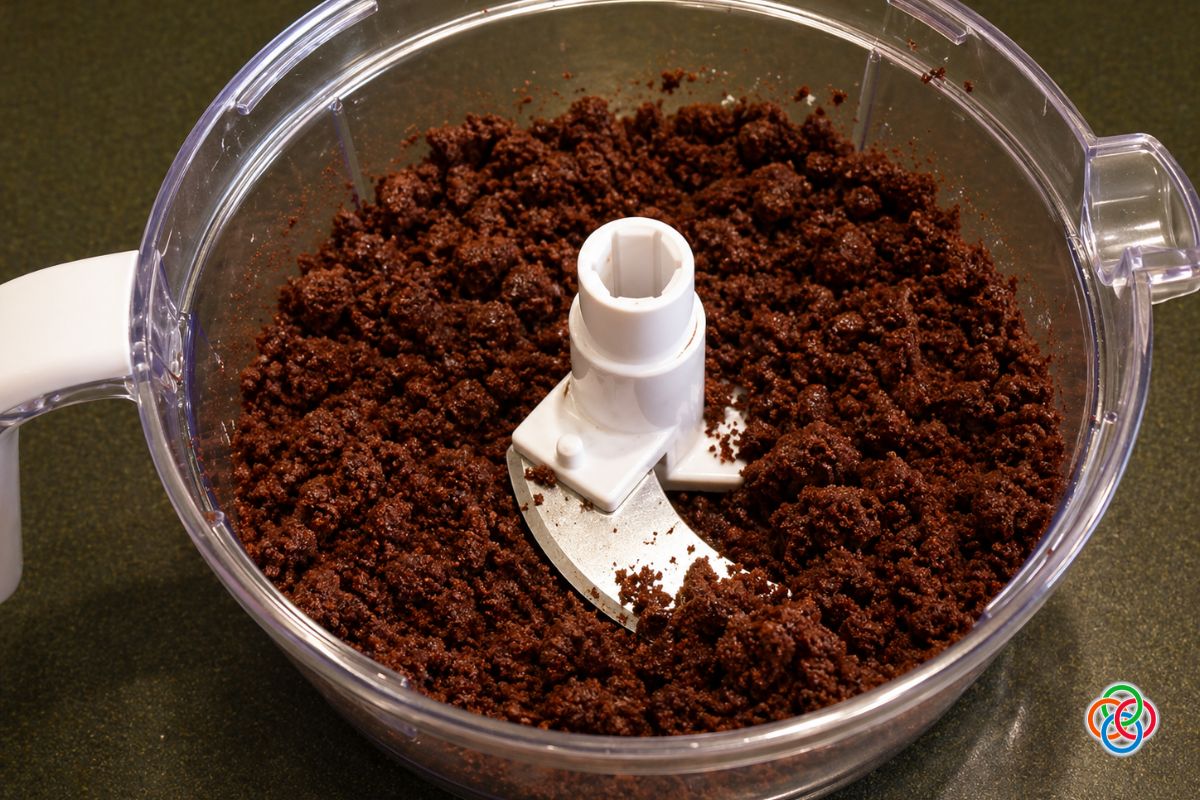 Chocolate cookie crumbs in a food processor, prepared as the base for making easy no bake chocolate truffles.