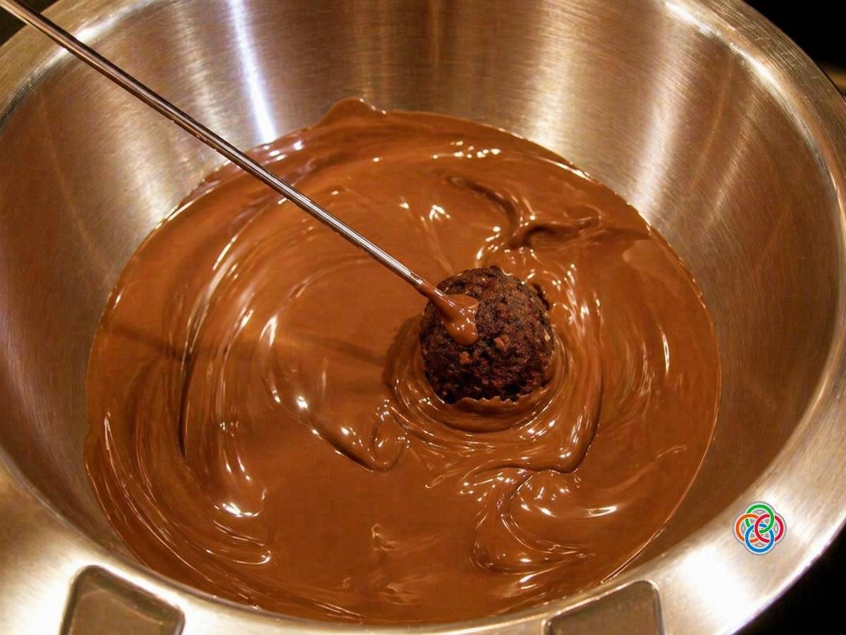 Stainless steel mixing bowl with glossy melted chocolate and a dark chocolate truffle on a skewer being dipped into it.