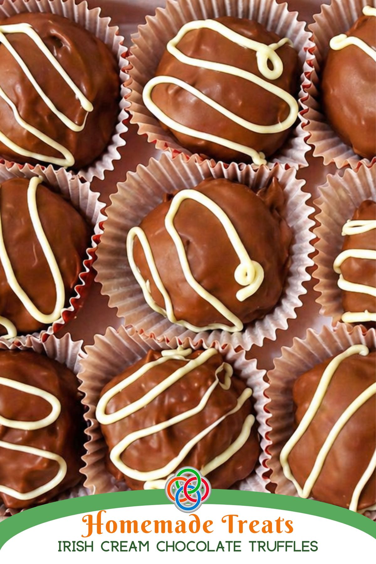 Chocolate truffles in paper cups, drizzled with white chocolate, close-up view with text banner.