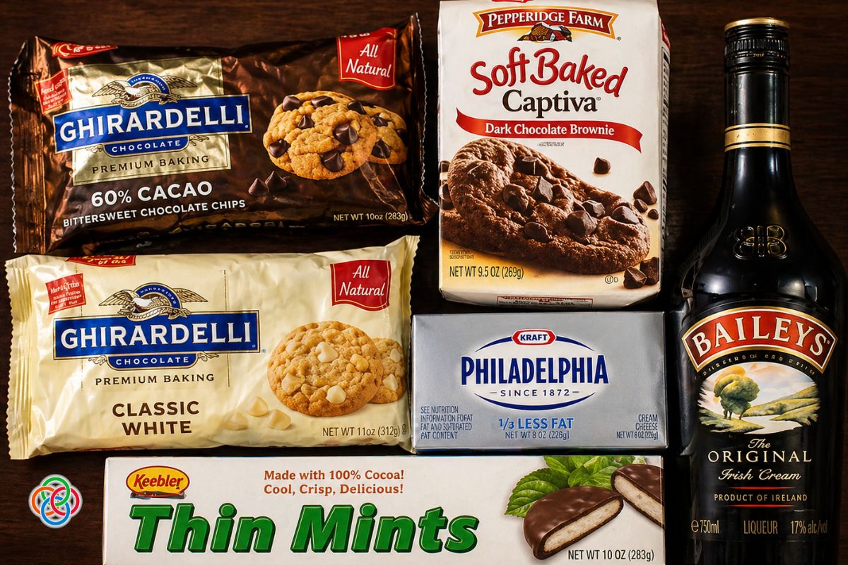 Ingredients for Baileys chocolate truffles including chocolate chips, mint cookies, brownie cookies, cream cheese, and Baileys Irish Cream arranged on a surface.