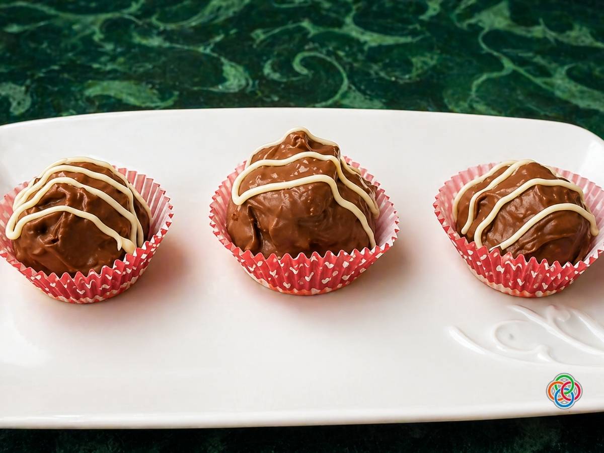 Three chocolate truffles in pink cupcake liners lined up on a white platter, drizzled with white chocolate.