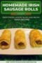 Single-image poster of golden Irish sausage rolls on a rustic Celtic-styled background with text banner in dark green with cream typography and amber highlights.