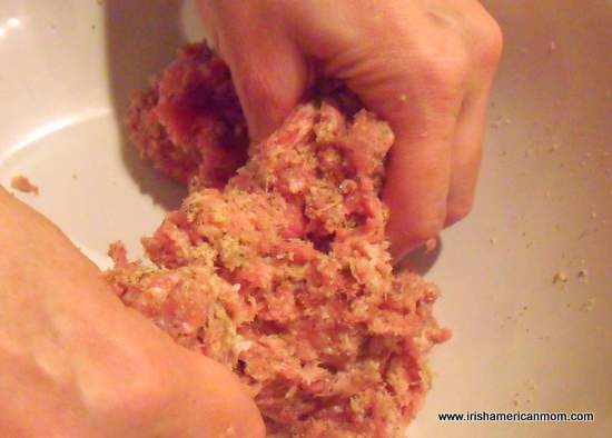 Mixing ground pork and breadcrumbs | Irish American Mom Mixing ground pork and breadcrumbs