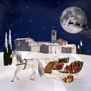 A horse drawn sleigh in snow outside a town with a santa sleigh crossing a full moon in the sky