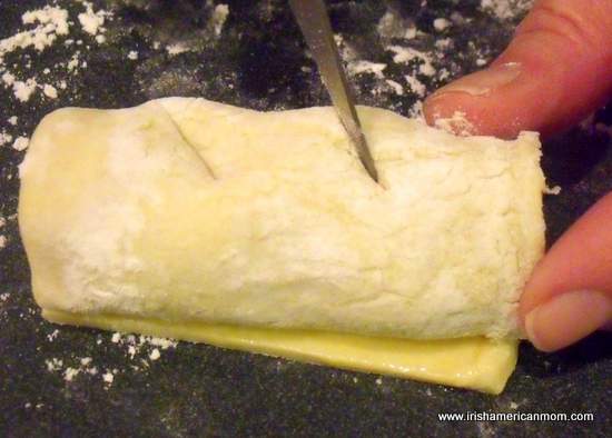 Slitting top of pastry for sausage roll-001 | Irish American Mom Slitting top of pastry for sausage roll-001
