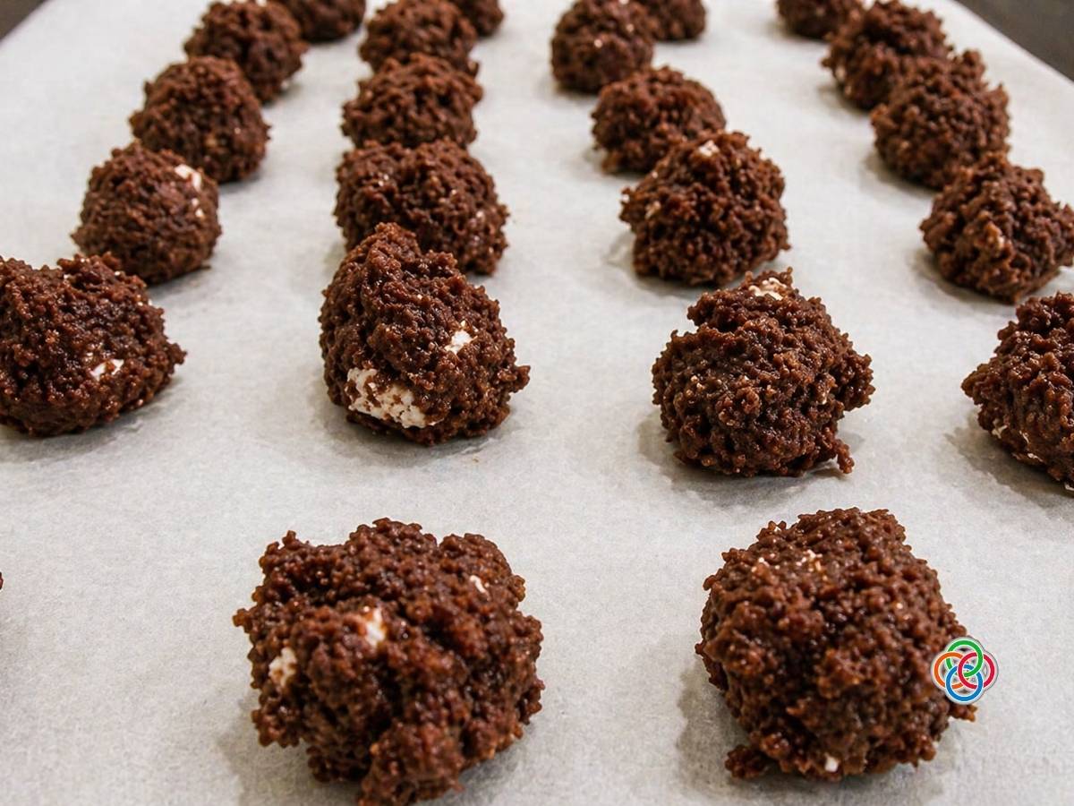 Rows of chocolate truffles on parchment paper, each bite-sized and crumbly-coated with a dark cocoa crust