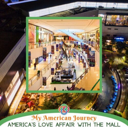 Americas Love Affair with the Mall | Irish American Mom Collage of scenes from a shopping mall with a text banner