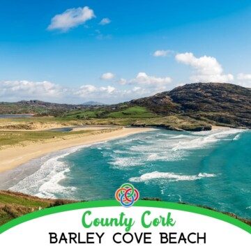 Sandy beach and mountain with text banner