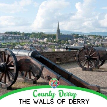 Canons on a wall by a city with text banner