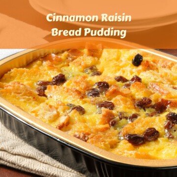 Dish of raisin bread pudding with text overlay