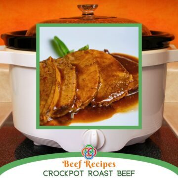 Roast beef slices superimposed on a crockpot with a text banner