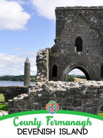 Ruined abbey with text banner