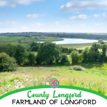 Farmland and lake with text banner