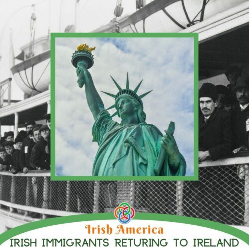 Statue of Liberty superimposed on an image of immigrants on a boat with a text banner