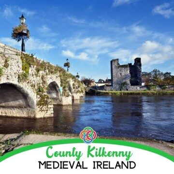 Castle by a river and bridge with text banner
