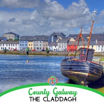 Boat beside a quay with buildings and text banner