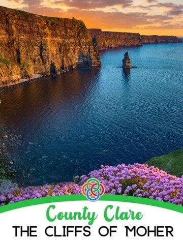The Cliffs of Moher in County Clare Ireland | Irish American Mom Ocean cliffs at sunset with text banner