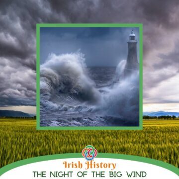 Storm at sea superimposed on a storm over land with a text banner.