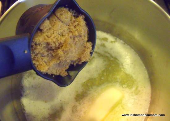 Adding brown sugar to melted butter | Irish American Mom Adding brown sugar to melted butter