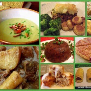 Boxty, sausage rolls, brown bread and soup on an Irish photo collage
