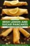 Two-panel Celtic-styled collage of Irish lemon and sugar pancakes — warm golden tones with deep green accents and burnt orange highlights, folded pancakes dusted with sugar and lemon slices on a rustic surface with central text banner.