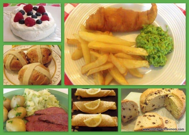 Irish Recipe Collage pavlova, fish and chips, corned beef and pancakes in an Irish food photo collage