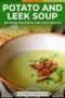 Single-image Celtic-styled poster of creamy potato and leek soup in a rustic bowl with a green text banner with cream colored typography.