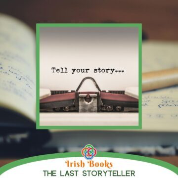 Typewriter and typing in a graphic featuring an open book and a text banner