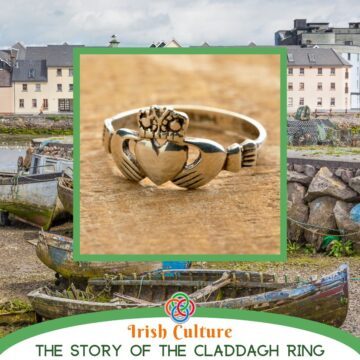Claddagh ring highlighted by buildings by a harbor plus a text banner