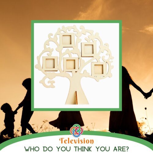 Sketch of a family tree superimposed on the silhouette of a family plus a text banner