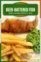 Single-image Celtic-styled poster showcasing golden beer battered cod fillets with chips and mushy peas plus a text banner and border in green, cream and amber tones.