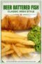 Crispy beer battered fish served with thick-cut fries and a side of green mushy peas on a white plate with a text banner.